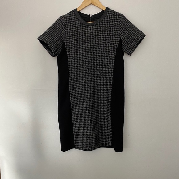 **$5 SALE** J. Crew Mixed Houndstooth Gray Black Leather Trimmed Sheath Dress - Picture 1 of 4